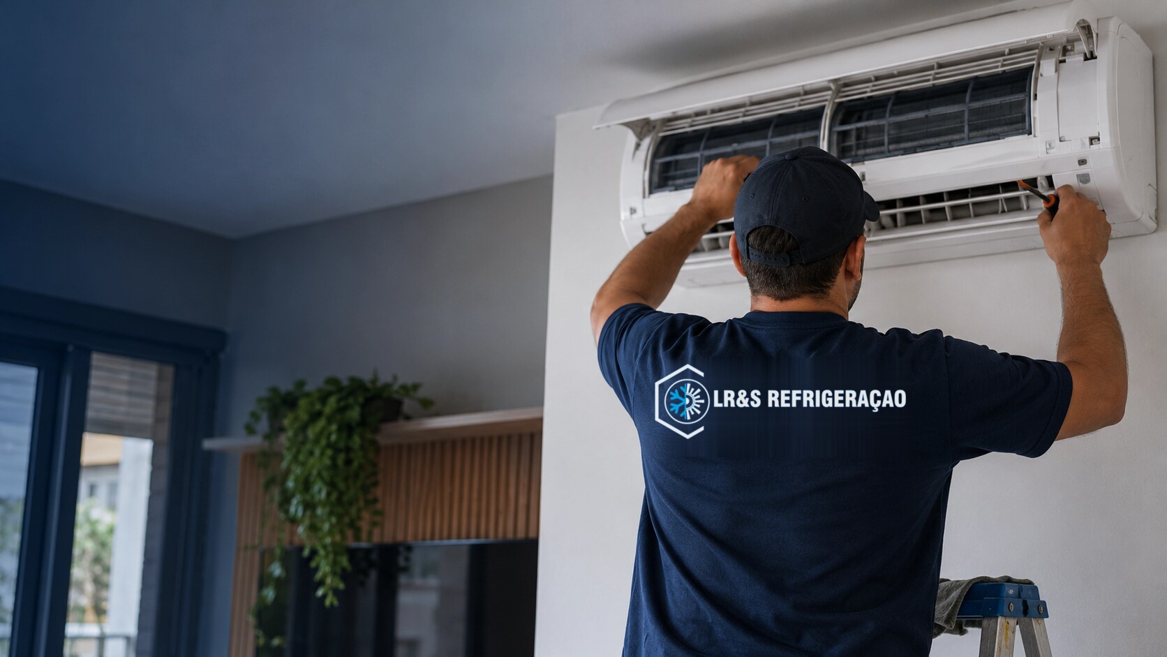 Imagem ilustrativa de técnico de costas com logotipo oficial da LR&S na camisa, trabalhando no ar-condicionado split.