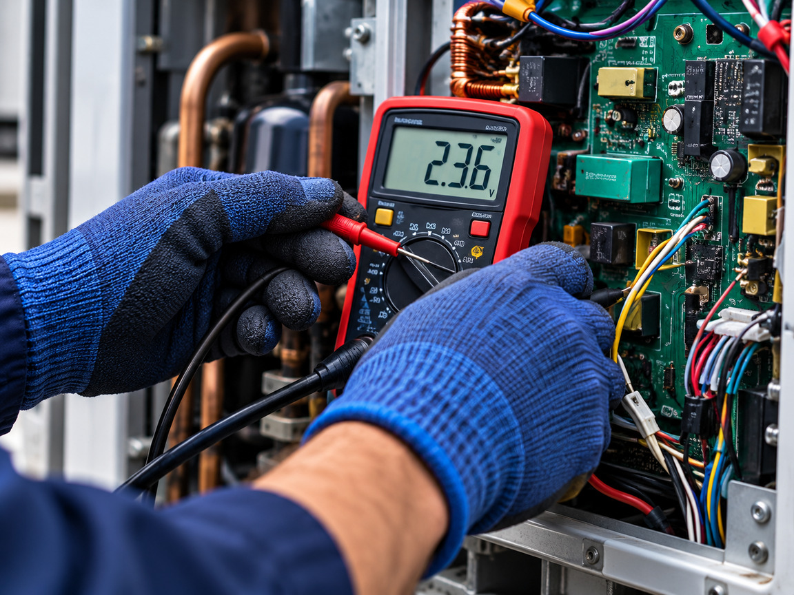Técnico usando multímetro para diagnóstico de uma placa eletrônica inverter.