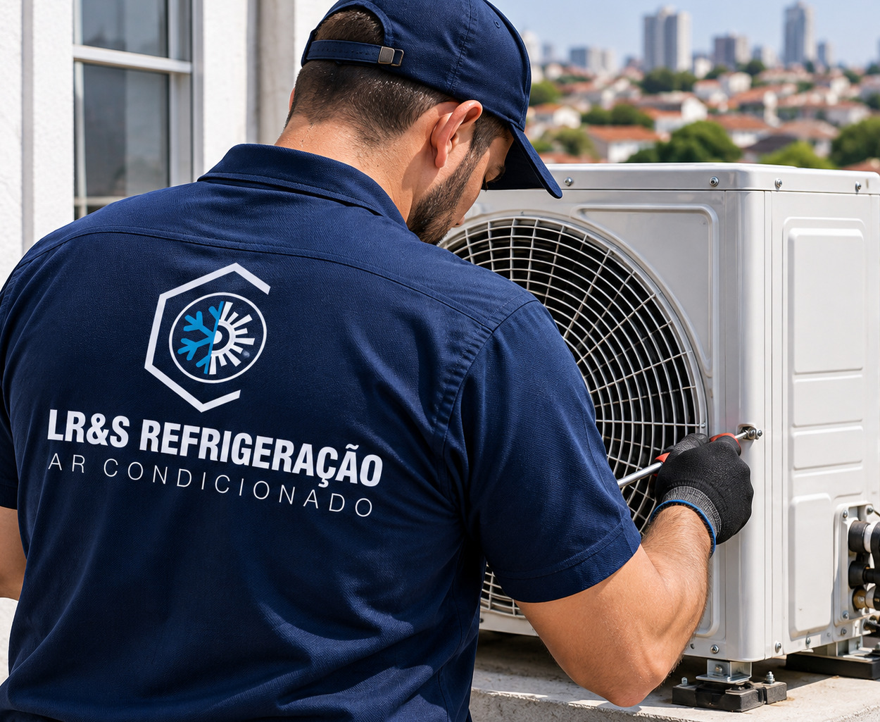 Ilustração de um técnico junto a uma condensadora, com uniforme e marca da LR&S representados digitalmente.